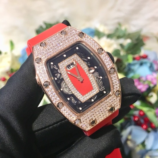 Richard Mille - RM037 34.4mm Ladies Diamonds Rose Gold Case Red Rubber Strap With Skeleton Diamonds Dial Automatic Movement