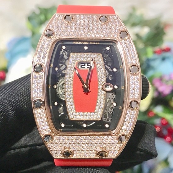 Richard Mille - RM037 34.4mm Ladies Diamonds Rose Gold Case Red Rubber Strap With Skeleton Diamonds Dial Automatic Movement