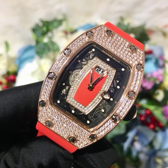 Richard Mille - RM037 34.4mm Ladies Diamonds Rose Gold Case Red Rubber Strap With Skeleton Diamonds Dial Automatic Movement