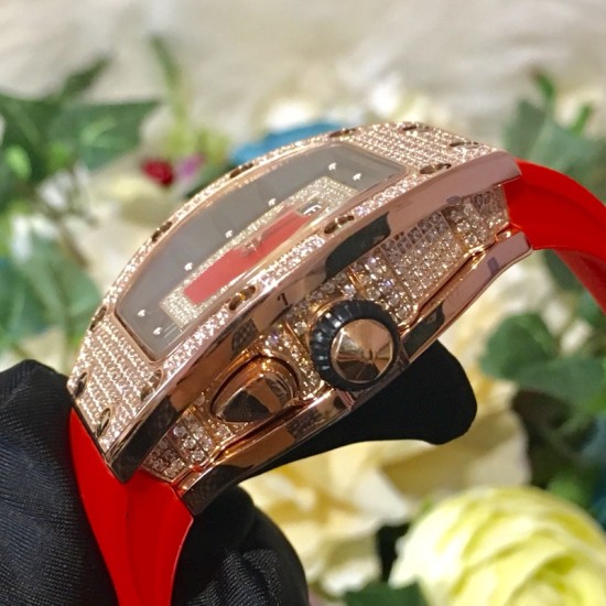 Richard Mille - RM037 34.4mm Ladies Diamonds Rose Gold Case Red Rubber Strap With Skeleton Diamonds Dial Automatic Movement