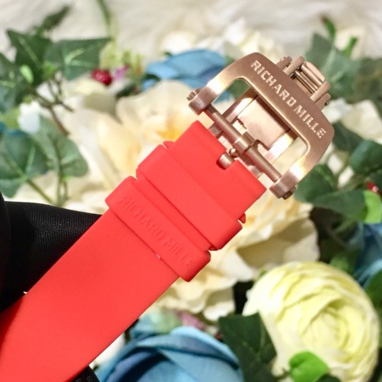 Richard Mille - RM037 34.4mm Ladies Diamonds Rose Gold Case Red Rubber Strap With Skeleton Diamonds Dial Automatic Movement