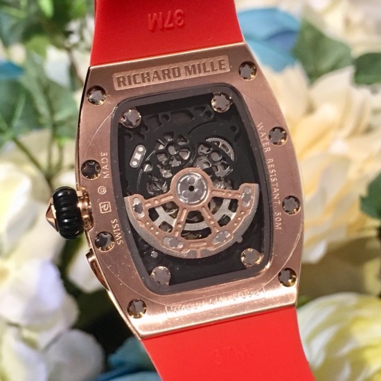Richard Mille - RM037 34.4mm Ladies Diamonds Rose Gold Case Red Rubber Strap With Skeleton Diamonds Dial Automatic Movement