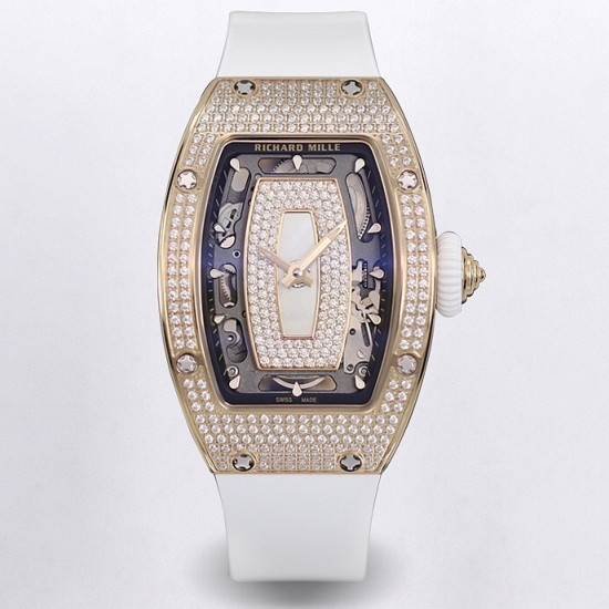 Richard Mille - RM07-01 Ladies 31.5mm RG Mop Full Diamonds Case on White Rubber ZF CRMA2