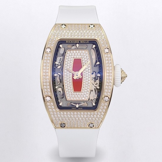 Richard Mille - RM07-01 Ladies 31.5mm RG Red Full Square Diamonds Case on White Rubber ZF CRMA2
