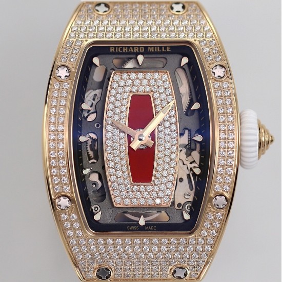 Richard Mille - RM07-01 Ladies 31.5mm RG Red Full Square Diamonds Case on White Rubber ZF CRMA2
