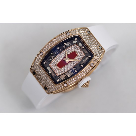 Richard Mille - RM07-01 Ladies 31.5mm RG Red Full Square Diamonds Case on White Rubber ZF CRMA2