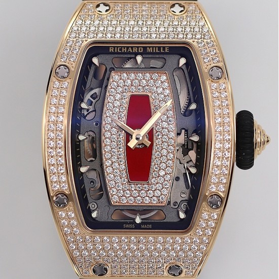 Richard Mille - RM07-01 Ladies 31.5mm RG Red Full Square Diamonds Case on Black Rubber ZF CRMA2