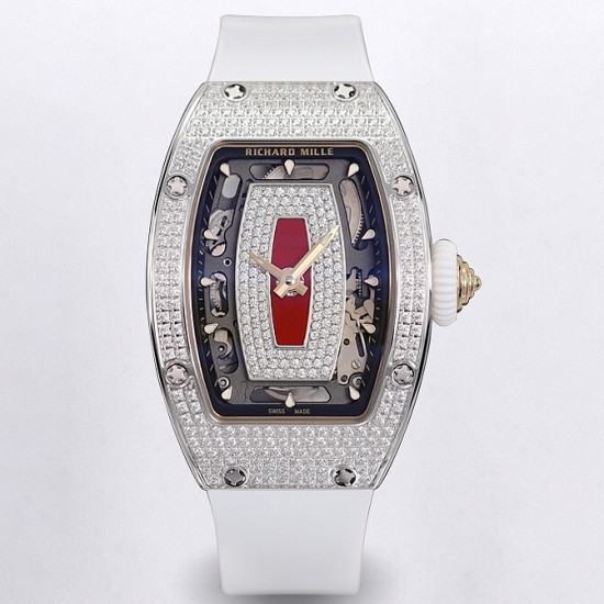 Richard Mille - RM07-01 Ladies 31.5mm Red Full Square Diamonds Case on White Rubber ZF CRMA2