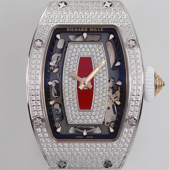 Richard Mille - RM07-01 Ladies 31.5mm Red Full Square Diamonds Case on White Rubber ZF CRMA2