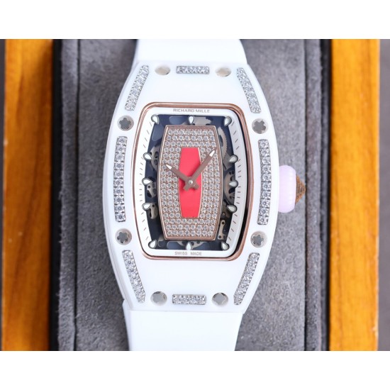 Richard Mille-RM07-01 Ladies 31.5mm Red Diamonds Dial on White Rubber Strap BBA CRMA2