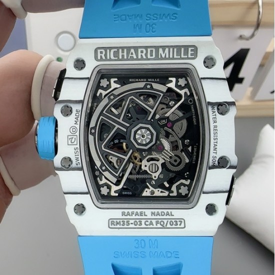 Richard Mille - RM35-03 Rafael Nadal Watch for Men White Carbon Fiber Case Blue Strap Automatic