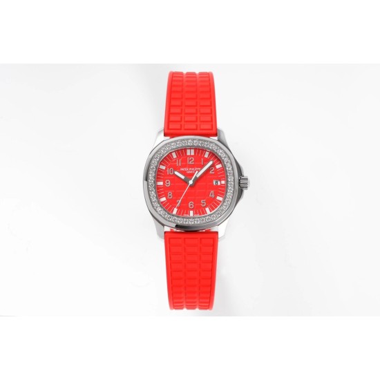 Patek Philippe - Aquanaut Lady 5067A Transparent Diamonds 35.6mm SS/RU Red Dial PPF Quartz
