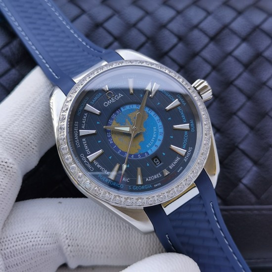 Omega-Aqua Terra 150M 43mm Worldtimer Diamonds SS/RU Blue Dial VSF A8938