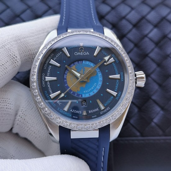 Omega-Aqua Terra 150M 43mm Worldtimer Diamonds SS/RU Blue Dial VSF A8938