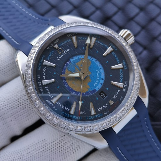 Omega-Aqua Terra 150M 43mm Worldtimer Diamonds SS/RU Blue Dial VSF A8938