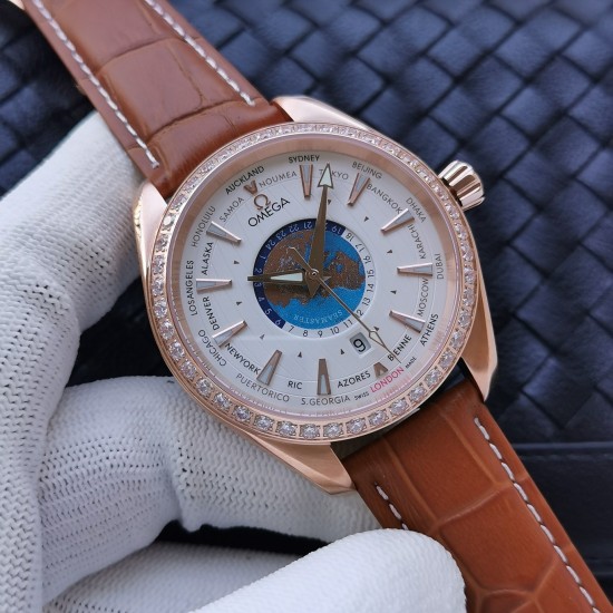 Omega-Aqua Terra 150M 43mm Worldtimer Diamonds RG/LE White Dial VSF A8938