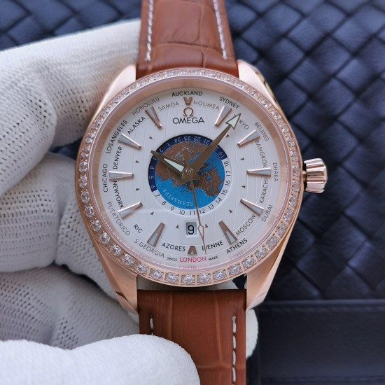 Omega-Aqua Terra 150M 43mm Worldtimer Diamonds RG/LE White Dial VSF A8938