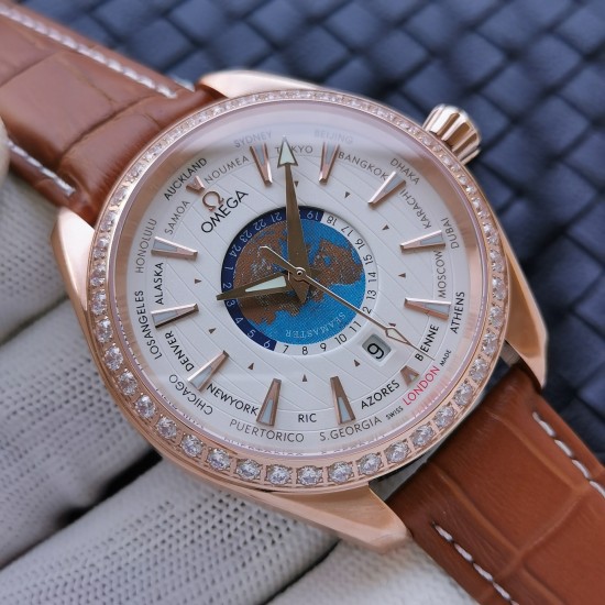 Omega-Aqua Terra 150M 43mm Worldtimer Diamonds RG/LE White Dial VSF A8938