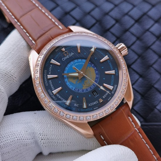 Omega-Aqua Terra 150M 43mm Worldtimer Diamonds RG/LE Blue Dial VSF A8938