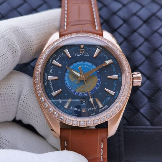 Omega-Aqua Terra 150M 43mm Worldtimer Diamonds RG/LE Blue Dial VSF A8938