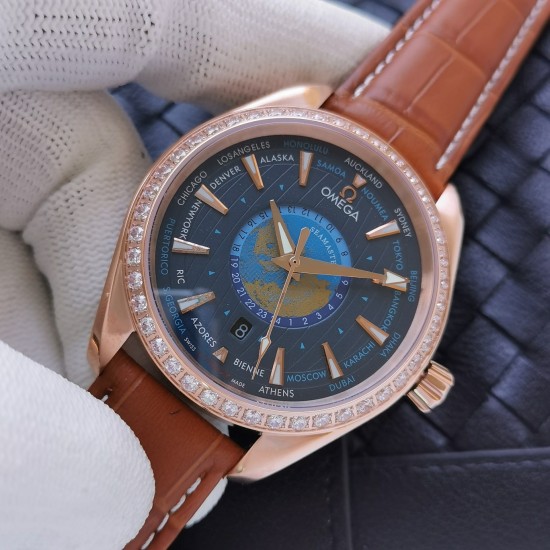 Omega-Aqua Terra 150M 43mm Worldtimer Diamonds RG/LE Blue Dial VSF A8938