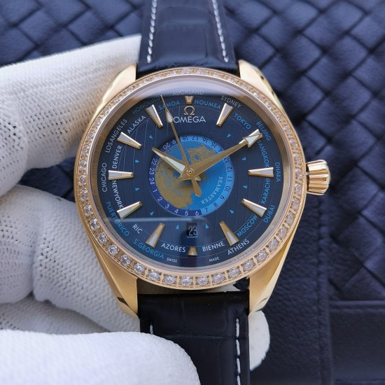 Omega-Aqua Terra 150M 43mm Worldtimer Diamonds YG/LE Blue Dial VSF A8938