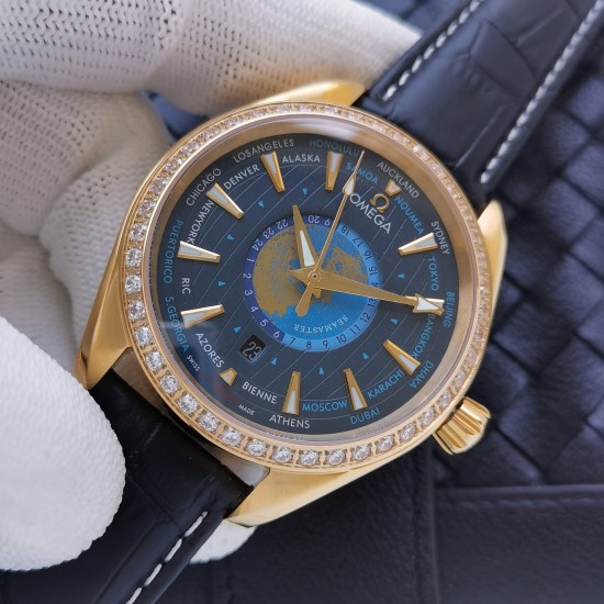 Omega-Aqua Terra 150M 43mm Worldtimer Diamonds YG/LE Blue Dial VSF A8938