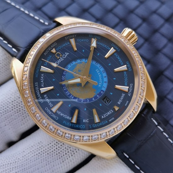 Omega-Aqua Terra 150M 43mm Worldtimer Diamonds YG/LE Blue Dial VSF A8938