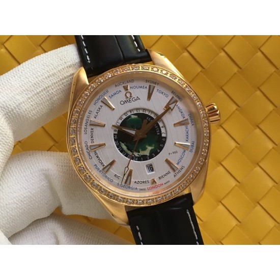 Omega-Aqua Terra 150M 43mm Worldtimer Diamonds YG/LE White Dial VSF A8938