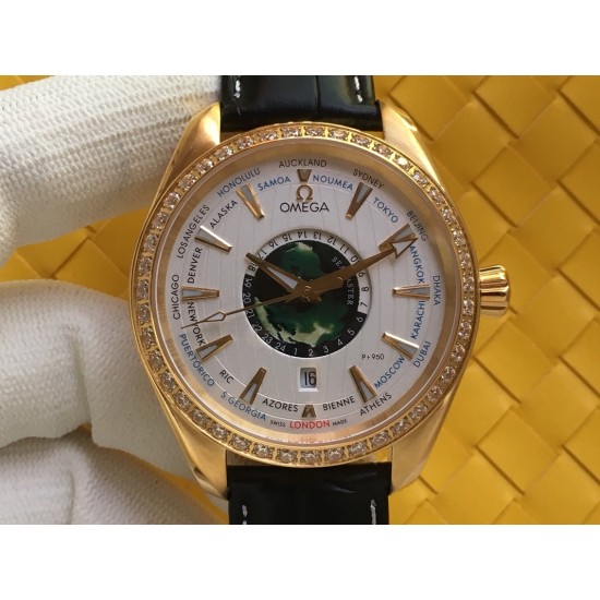 Omega-Aqua Terra 150M 43mm Worldtimer Diamonds YG/LE White Dial VSF A8938