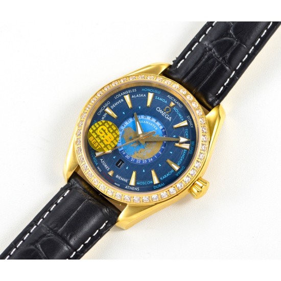 Omega-Aqua Terra 150M 43mm Worldtimer Diamonds YG/LE Blue Dial GBF A8938