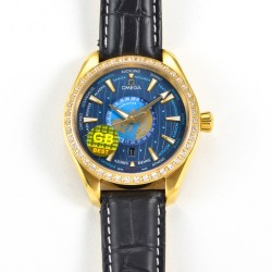 Omega-Aqua Terra 150M 43mm Worldtimer Diamonds YG/LE Blue Dial GBF A8938