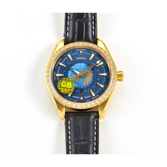 Omega-Aqua Terra 150M 43mm Worldtimer Diamonds YG/LE Blue Dial GBF A8938