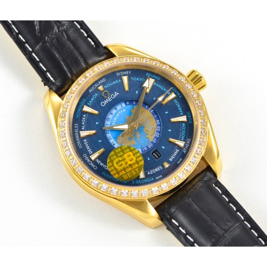 Omega-Aqua Terra 150M 43mm Worldtimer Diamonds YG/LE Blue Dial GBF A8938