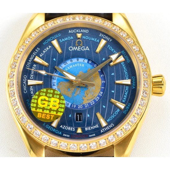 Omega-Aqua Terra 150M 43mm Worldtimer Diamonds YG/LE Blue Dial GBF A8938