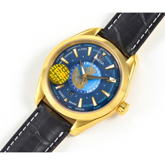 Omega-Aqua Terra 150M 43mm Worldtimer YG/LE Blue Dial GBF A8938