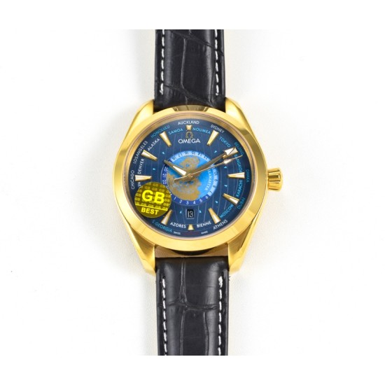 Omega-Aqua Terra 150M 43mm Worldtimer YG/LE Blue Dial GBF A8938