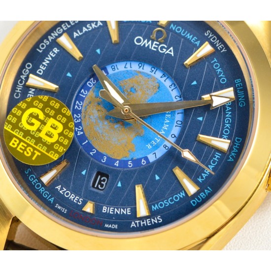 Omega-Aqua Terra 150M 43mm Worldtimer YG/LE Blue Dial GBF A8938