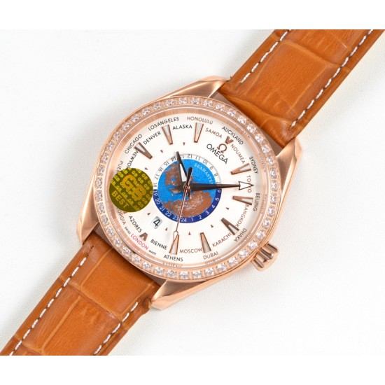 Omega-Aqua Terra 150M 43mm Worldtimer Diamonds RG/LE White Dial GBF A8938