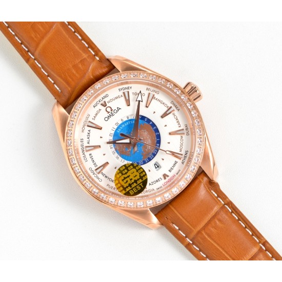 Omega-Aqua Terra 150M 43mm Worldtimer Diamonds RG/LE White Dial GBF A8938