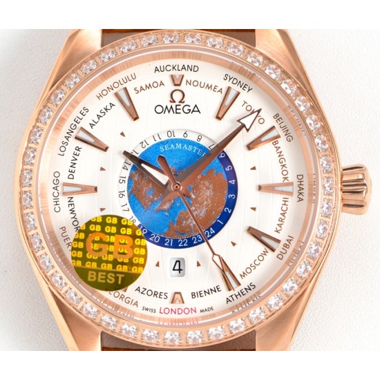 Omega-Aqua Terra 150M 43mm Worldtimer Diamonds RG/LE White Dial GBF A8938