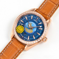 Omega-Aqua Terra 150M 43mm Worldtimer Diamonds RG/LE Blue Dial GBF A8938