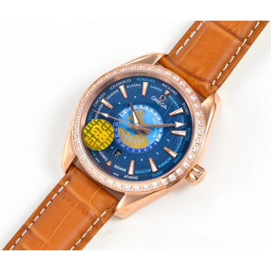 Omega-Aqua Terra 150M 43mm Worldtimer Diamonds RG/LE Blue Dial GBF A8938