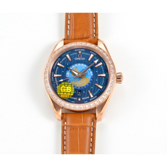 Omega-Aqua Terra 150M 43mm Worldtimer Diamonds RG/LE Blue Dial GBF A8938