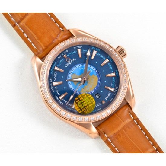 Omega-Aqua Terra 150M 43mm Worldtimer Diamonds RG/LE Blue Dial GBF A8938