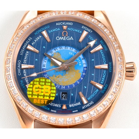 Omega-Aqua Terra 150M 43mm Worldtimer Diamonds RG/LE Blue Dial GBF A8938