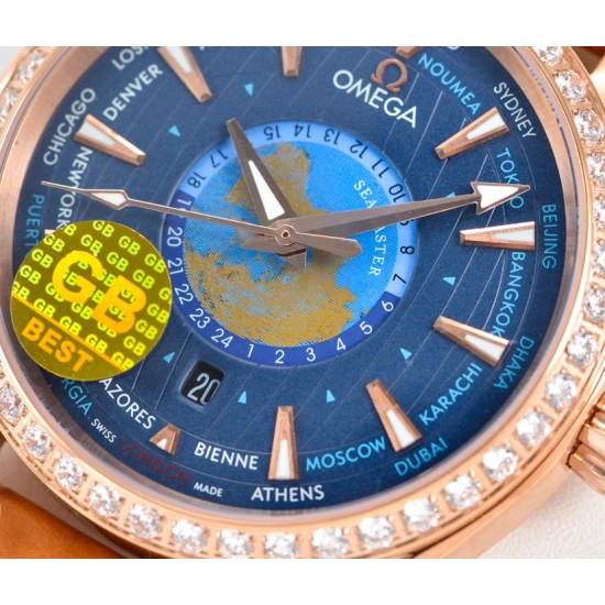 Omega-Aqua Terra 150M 43mm Worldtimer Diamonds RG/LE Blue Dial GBF A8938