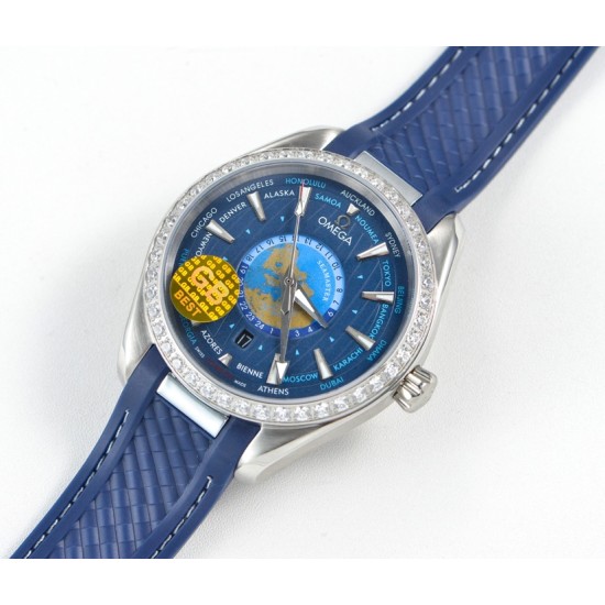 Omega-Aqua Terra 150M 43mm Worldtimer Diamonds SS/RU Blue Dial GBF A8938