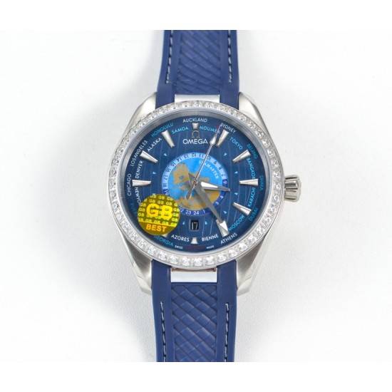 Omega-Aqua Terra 150M 43mm Worldtimer Diamonds SS/RU Blue Dial GBF A8938
