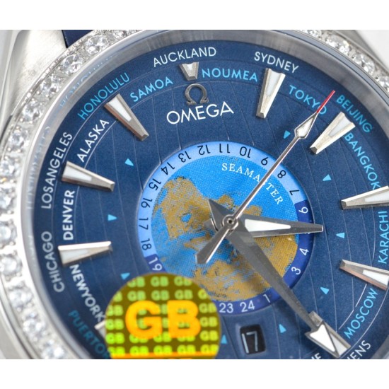 Omega-Aqua Terra 150M 43mm Worldtimer Diamonds SS/RU Blue Dial GBF A8938